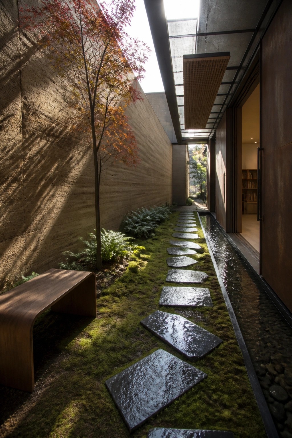 A narrow outdoor walkway lined with tall concrete walls features irregular dark stepping stones set into bright green moss, with a low wooden bench on the left and a small tree growing from the moss bed.