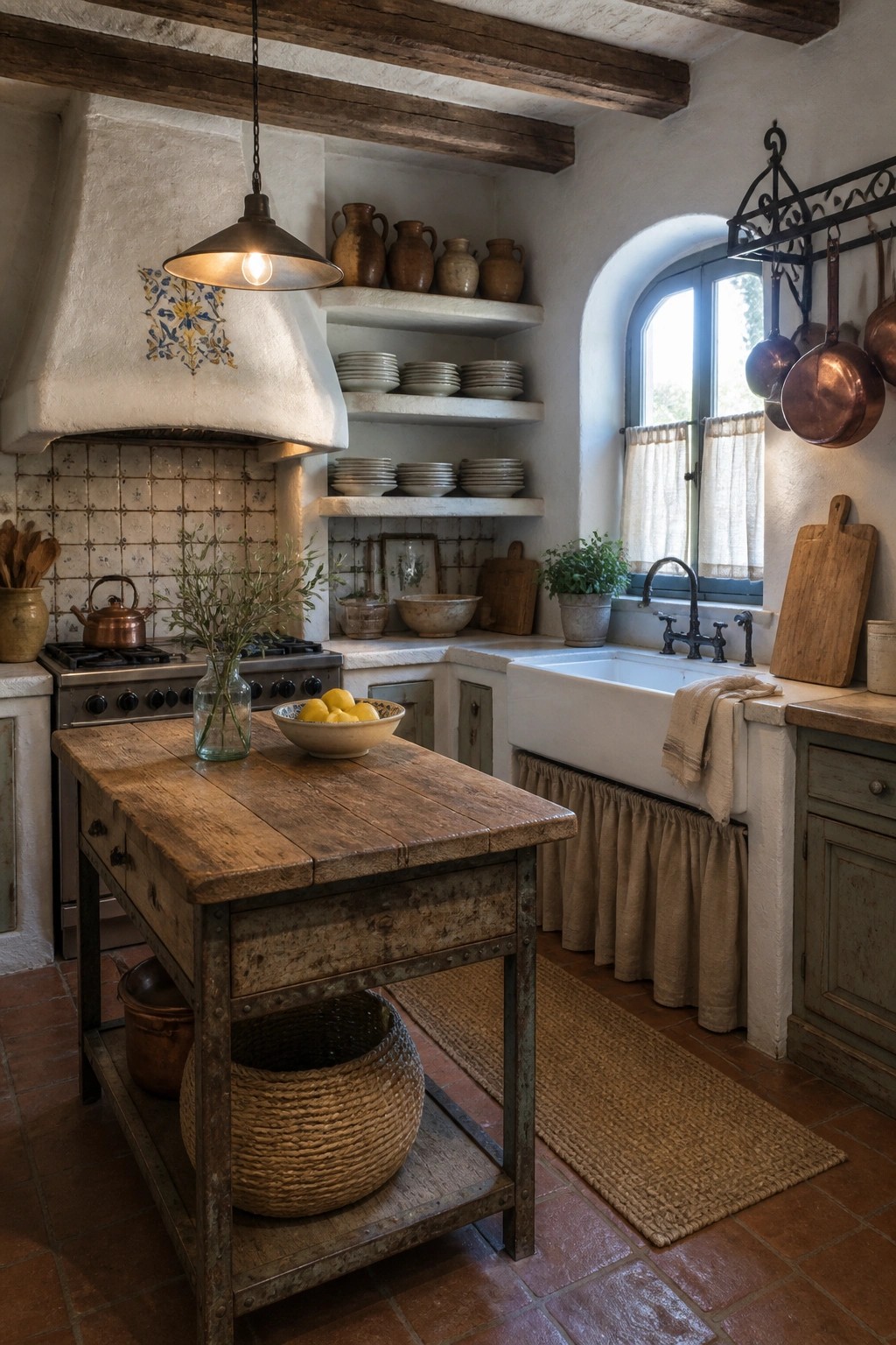 A rustic kitchen with a large wooden island table, open white shelves, a tiled range hood, and a white farmhouse sink under an arched window.