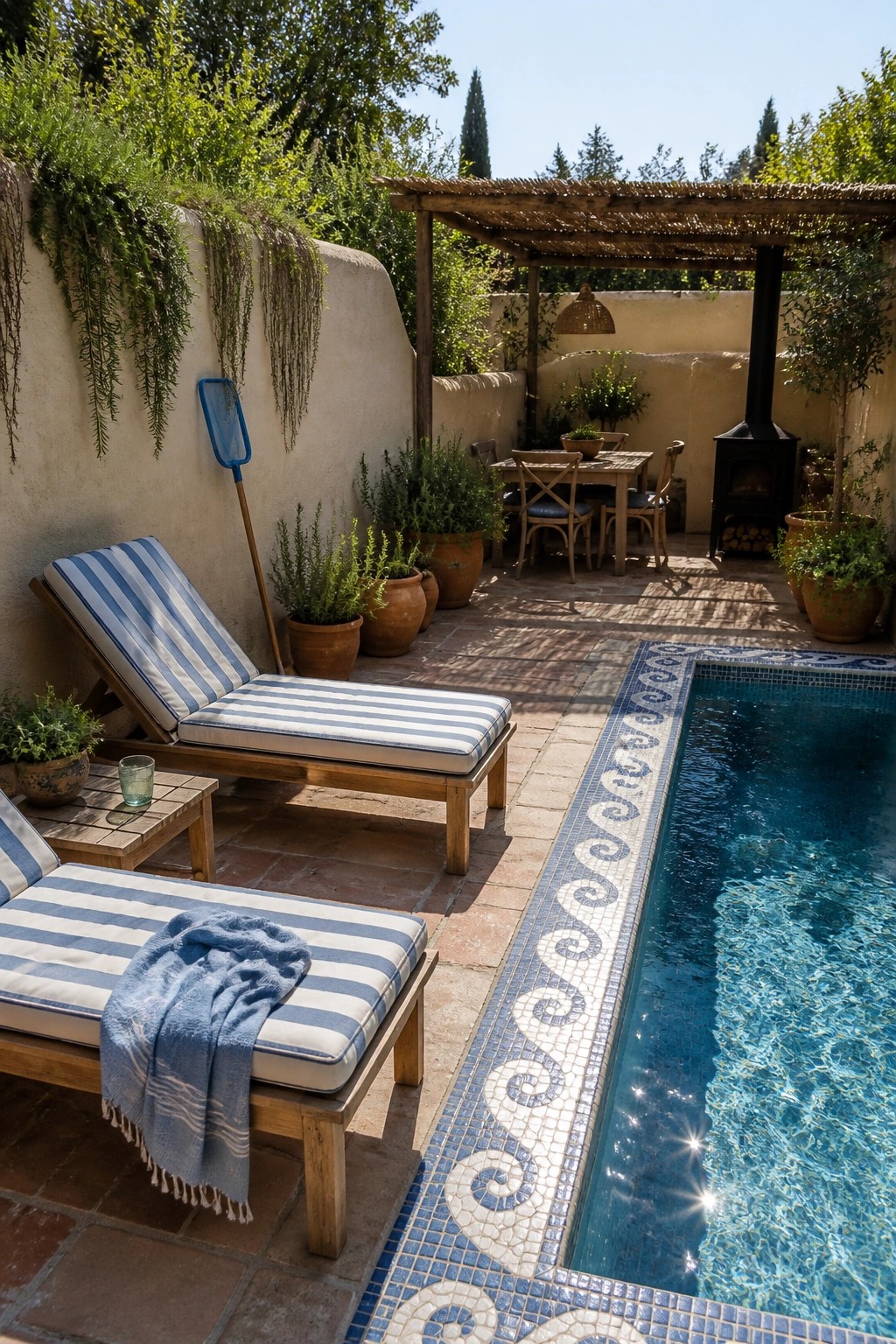 A rectangular pool with blue mosaic tiling borders a terracotta patio holding two wooden lounge chairs with blue and white striped cushions, while a thatched pergola covers a dining table and chairs in the background.