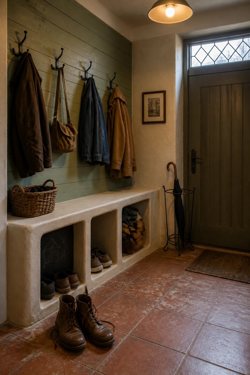 Rustic mudroom with hanging coats, shoe cubbies, umbrella stand, and tiled floor.