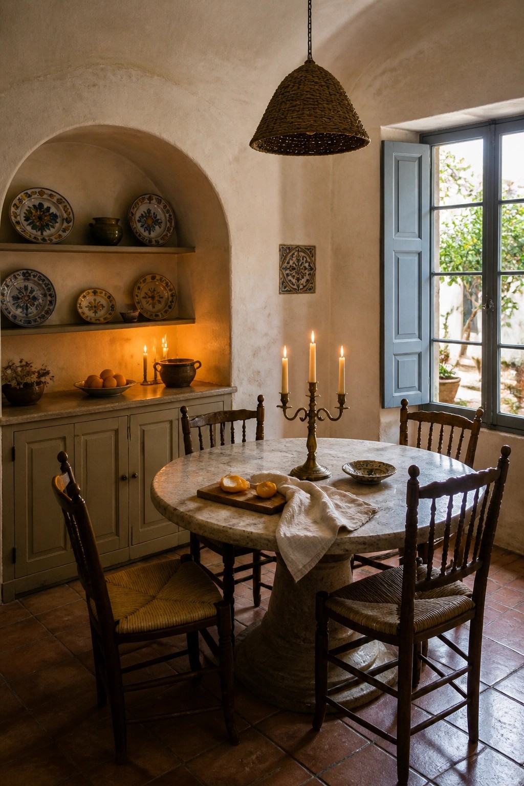 A rustic dining room featuring a round marble table with wooden chairs, a brass candelabra, and an arched wall niche holding decorative ceramic plates above a counter with cabinets.
