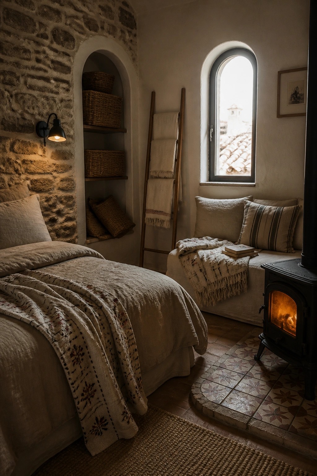 Interior of a small bedroom with a stone wall containing two arched niches holding woven baskets, a bed with neutral linens, a wood-burning stove on a tiled hearth, and an arched window.