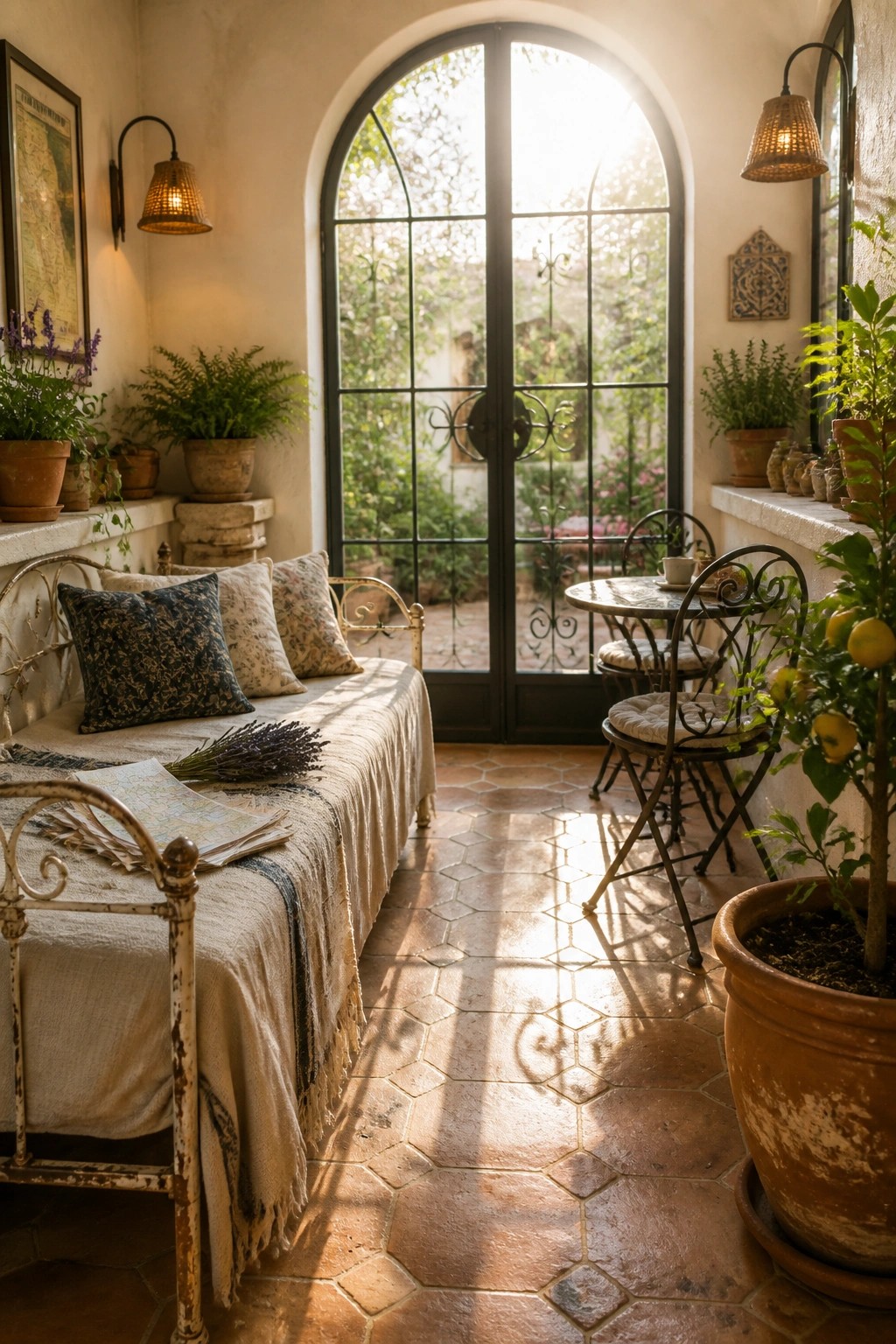 An interior room with a white iron daybed against the wall, a small bistro table with two chairs, multiple potted plants on ledges and the floor, and large arched glass doors opening to a garden.