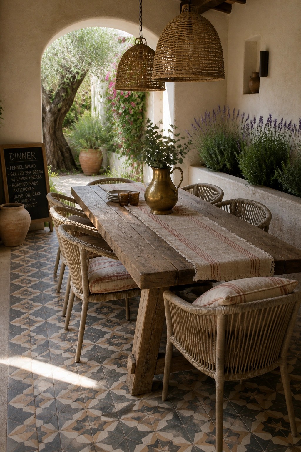 A long wooden dining table with woven chairs on a patterned tile floor sits under woven pendant lights in a covered outdoor area with an archway opening to a garden.