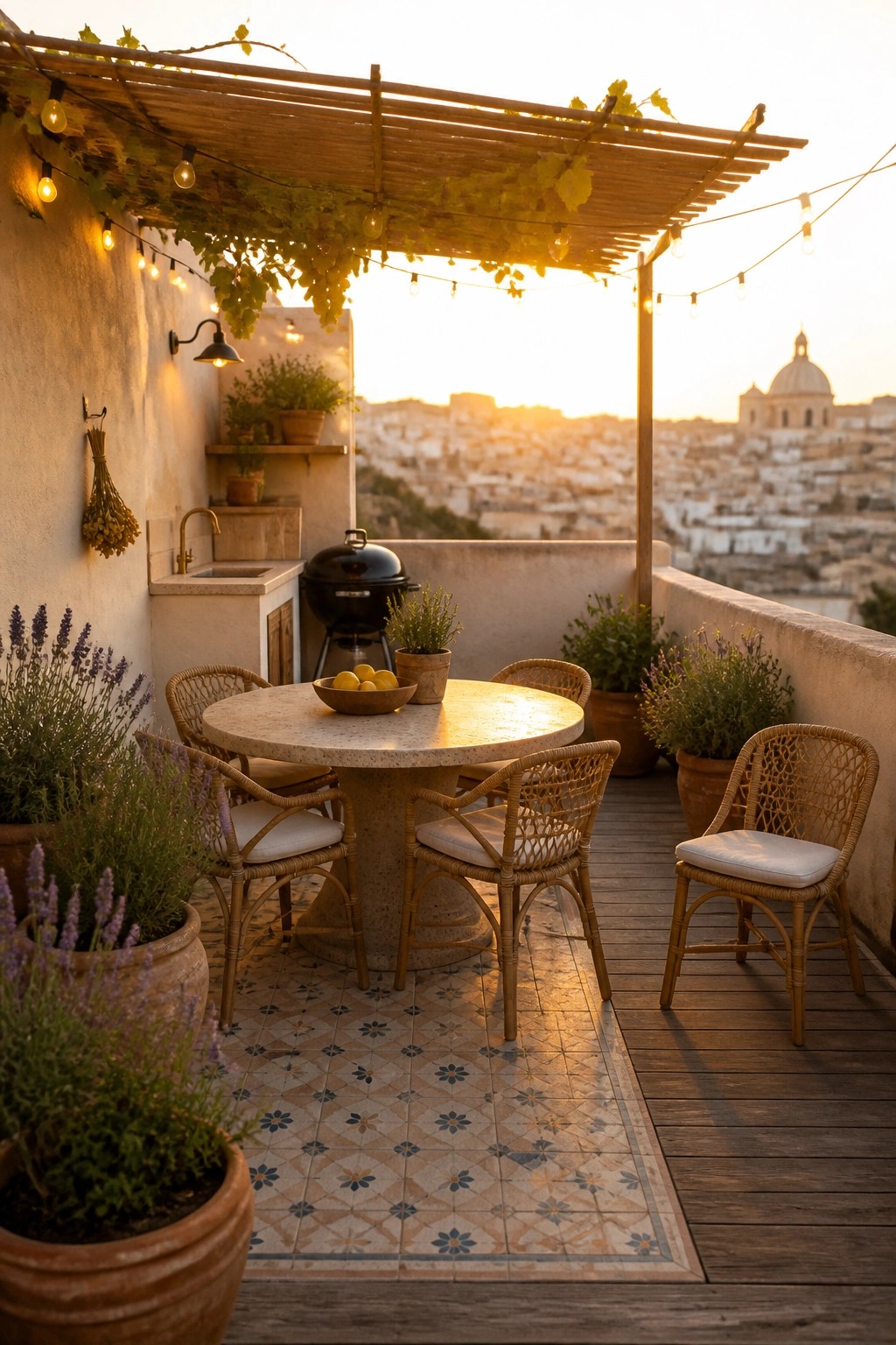 A Mediterranean-style rooftop terrace with a round stone dining table, woven chairs, a pergola covered in vines and string lights, potted plants, and a distant city view at sunset.
