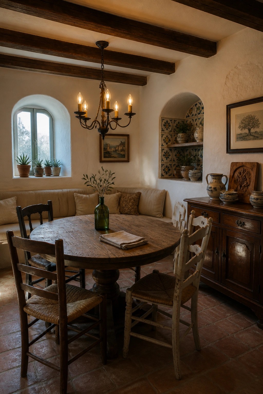 A rustic dining room with a round wooden table, mismatched chairs, a green glass vase, and a chandelier hanging from exposed wooden beams.
