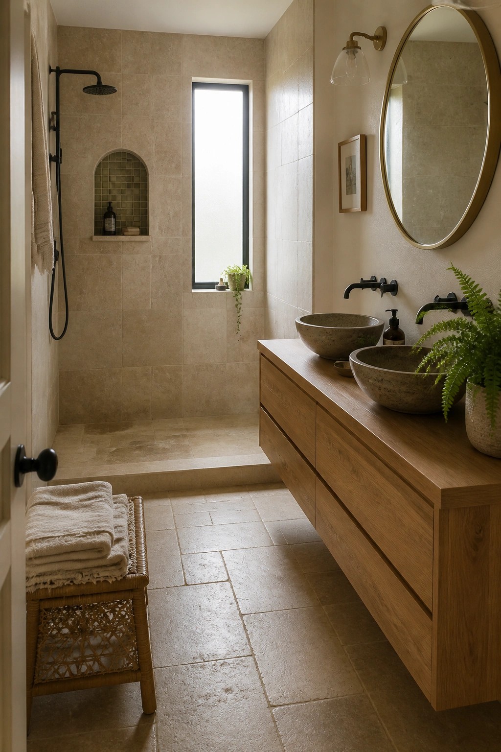 A bathroom with beige stone tile walls and floor, a floating wood vanity holding two stone vessel sinks, and a black shower area on the left.