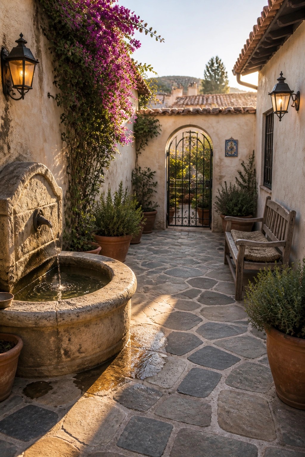 A rustic stone courtyard with a circular fountain on the left, a wooden bench on the right, terracotta pots, wall lanterns, and an arched gate in the background.