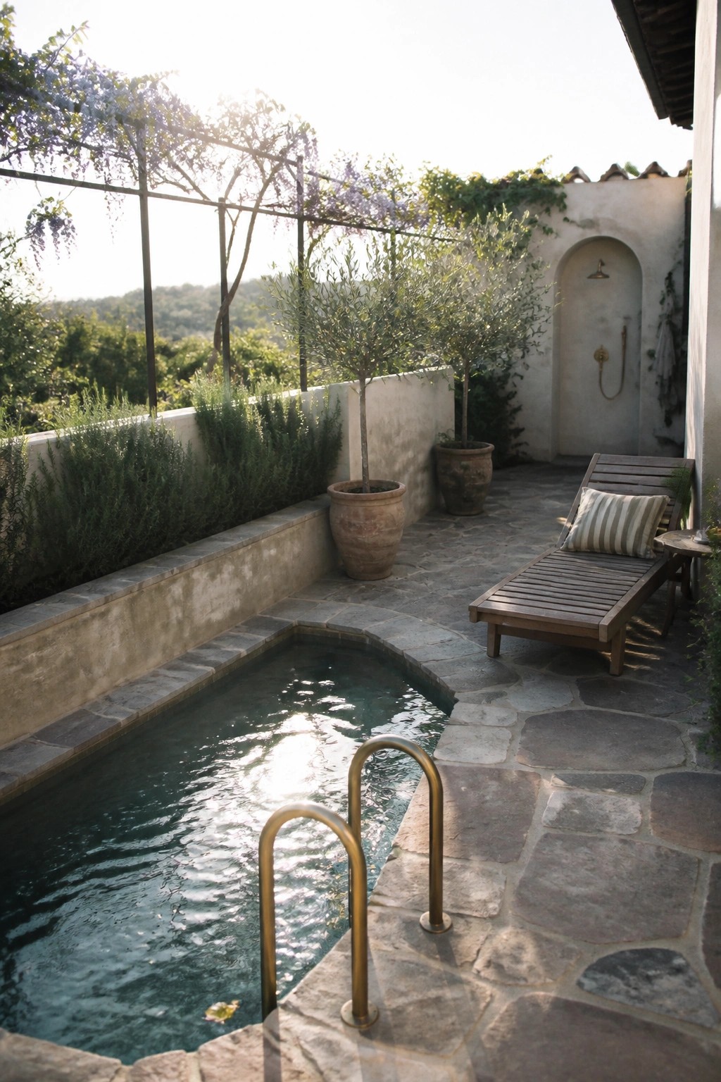 A small rectangular pool with a metal ladder on a stone patio next to a wooden lounge chair and large potted plants.
