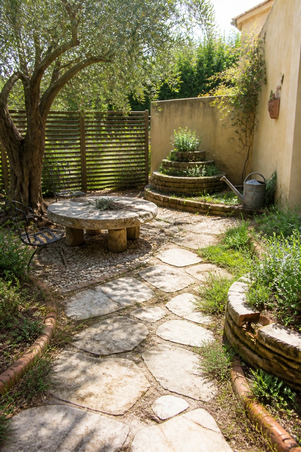 A round stone table with two black metal chairs sits on gravel beside a stone pathway in a garden with an olive tree, wooden gate, and low wall.