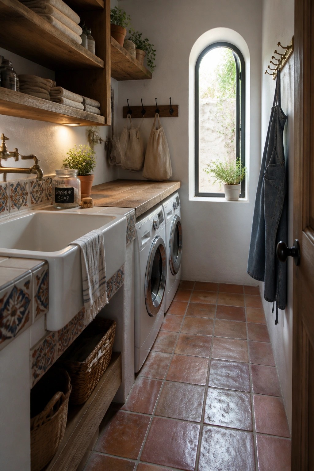 A narrow laundry room featuring a white farmhouse sink with patterned tiles, two front-loading washing machines, wooden counter and shelves, terracotta floor tiles, and an arched window.