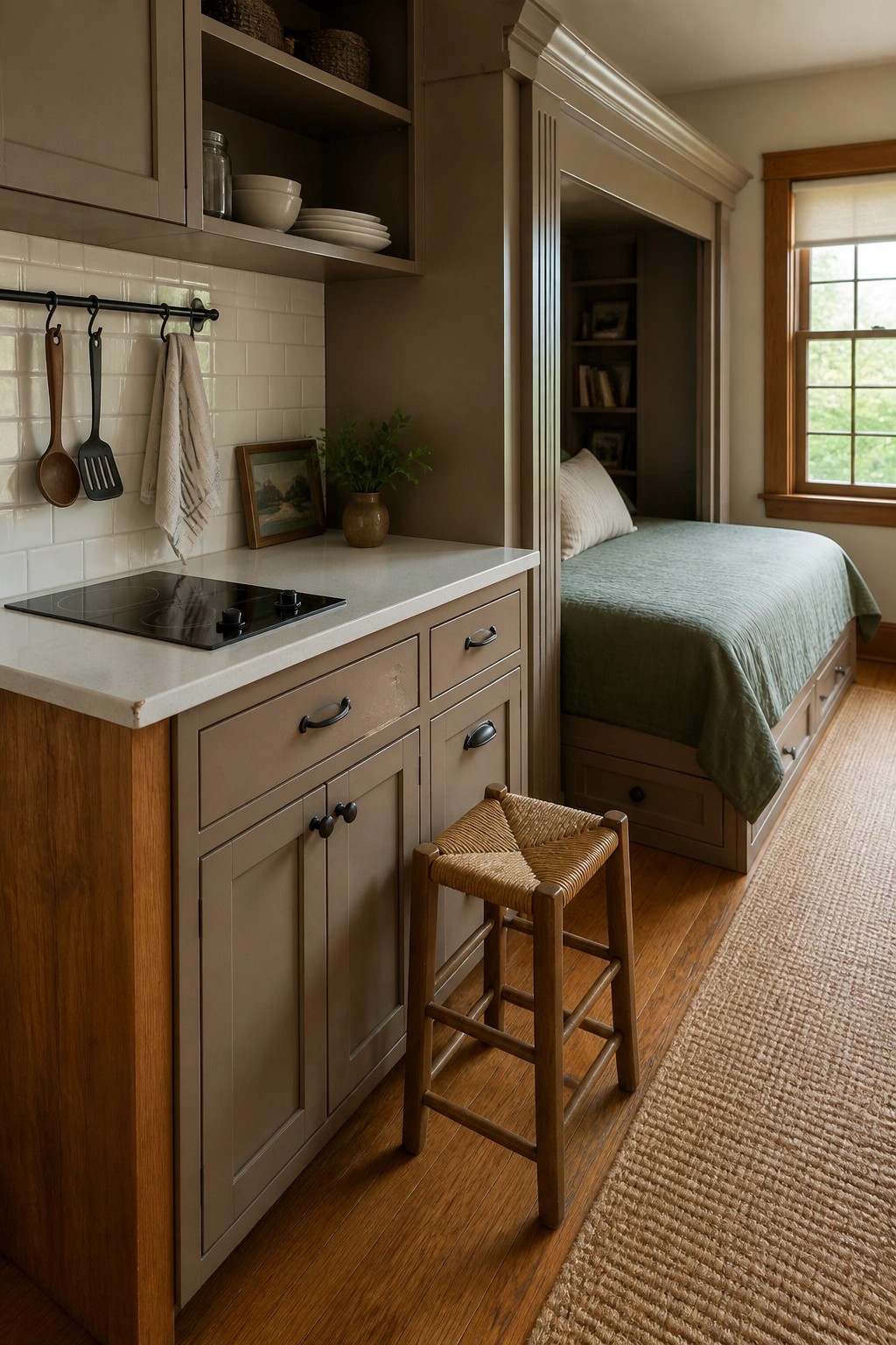 Cozy kitchenette with taupe cabinets, woven stool, and built-in bed nook with green bedding.