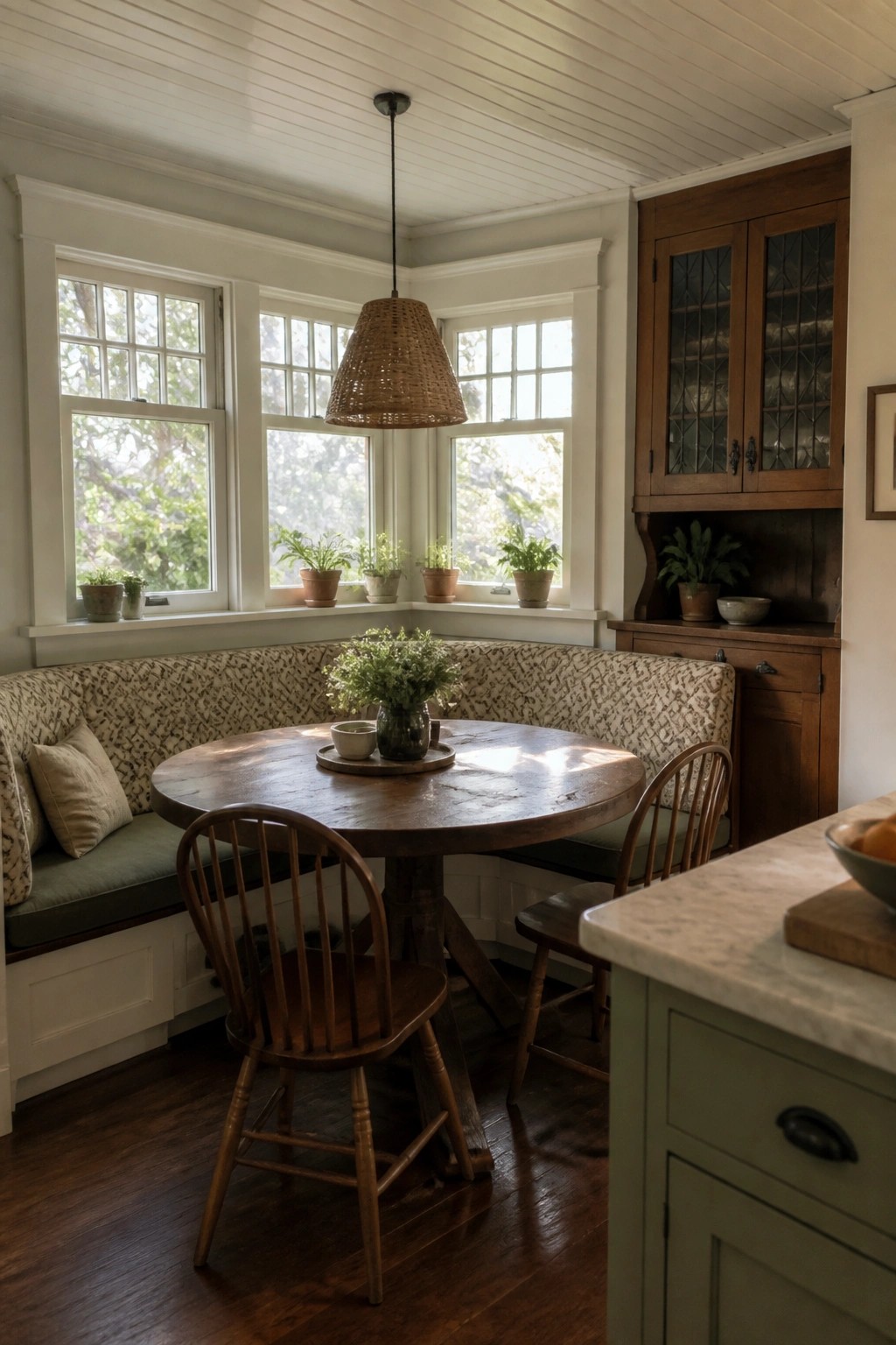 A round wooden dining table with wooden chairs and built-in patterned bench seating under a row of windows, with potted plants on the windowsills and a woven pendant light overhead.