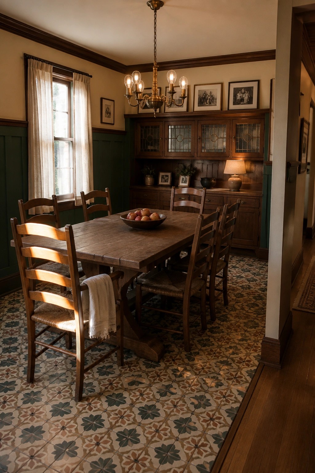 A wooden dining table with chairs sits in front of a large built-in wooden hutch with glass-front upper cabinets and drawers below in a room with patterned tile flooring.