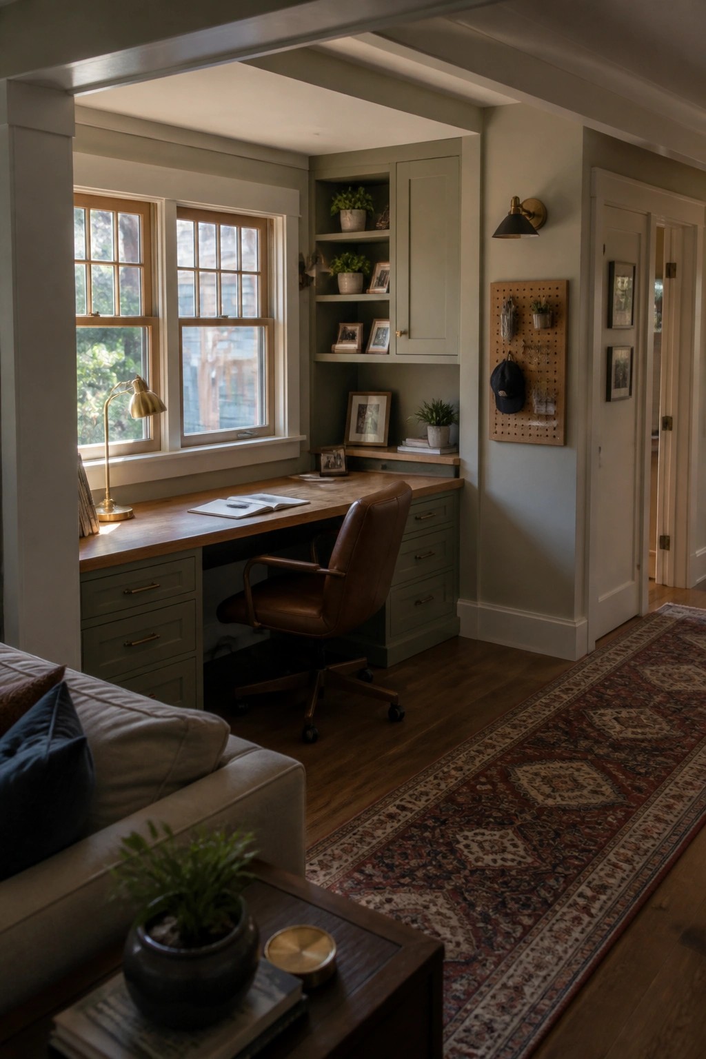 Built-in green desk with brown leather chair, wooden windows, and patterned rug