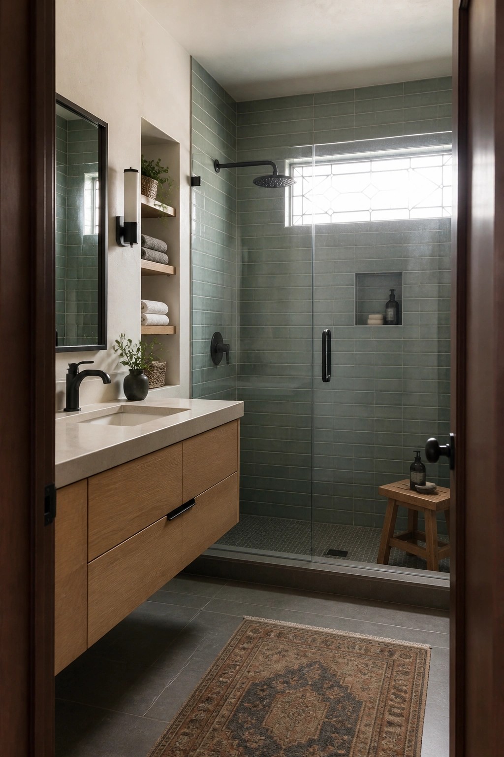 A bathroom interior shows a floating wood vanity with a white sink, green tiled walk-in shower with black fixtures, built-in wall niches, and open shelving holding towels and plants.