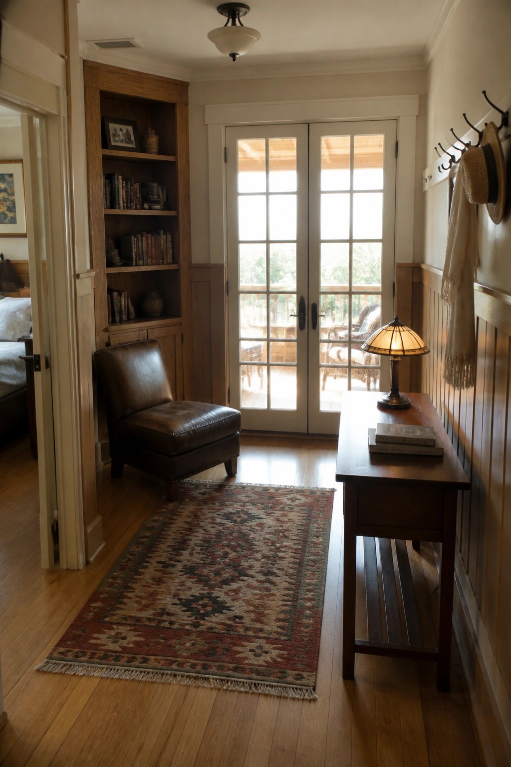Cozy hallway with patterned rug, leather chair, bookshelves, wooden table, and French doors.