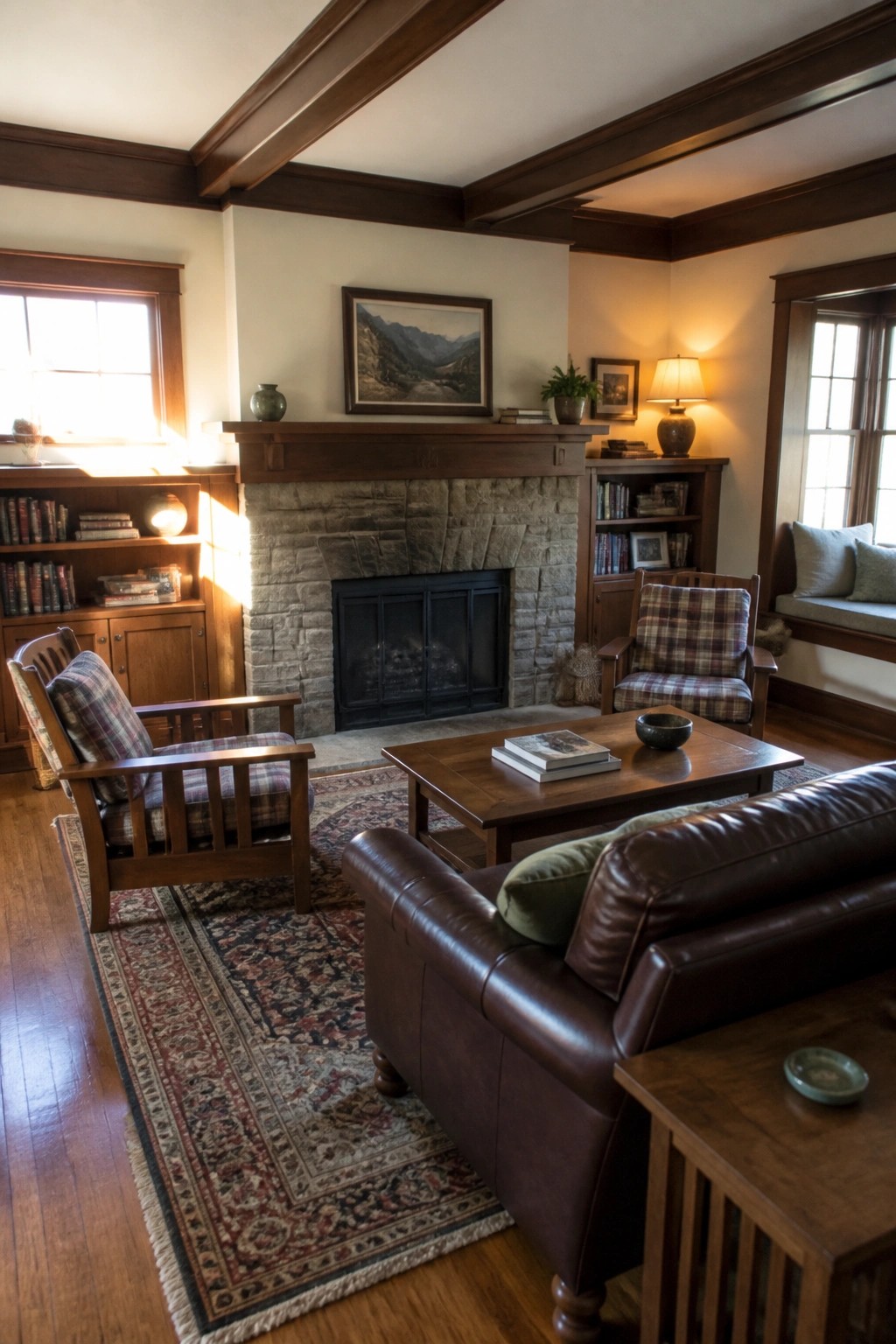 Cozy living room with stone fireplace, leather sofa, plaid armchairs, and wooden bookshelves.