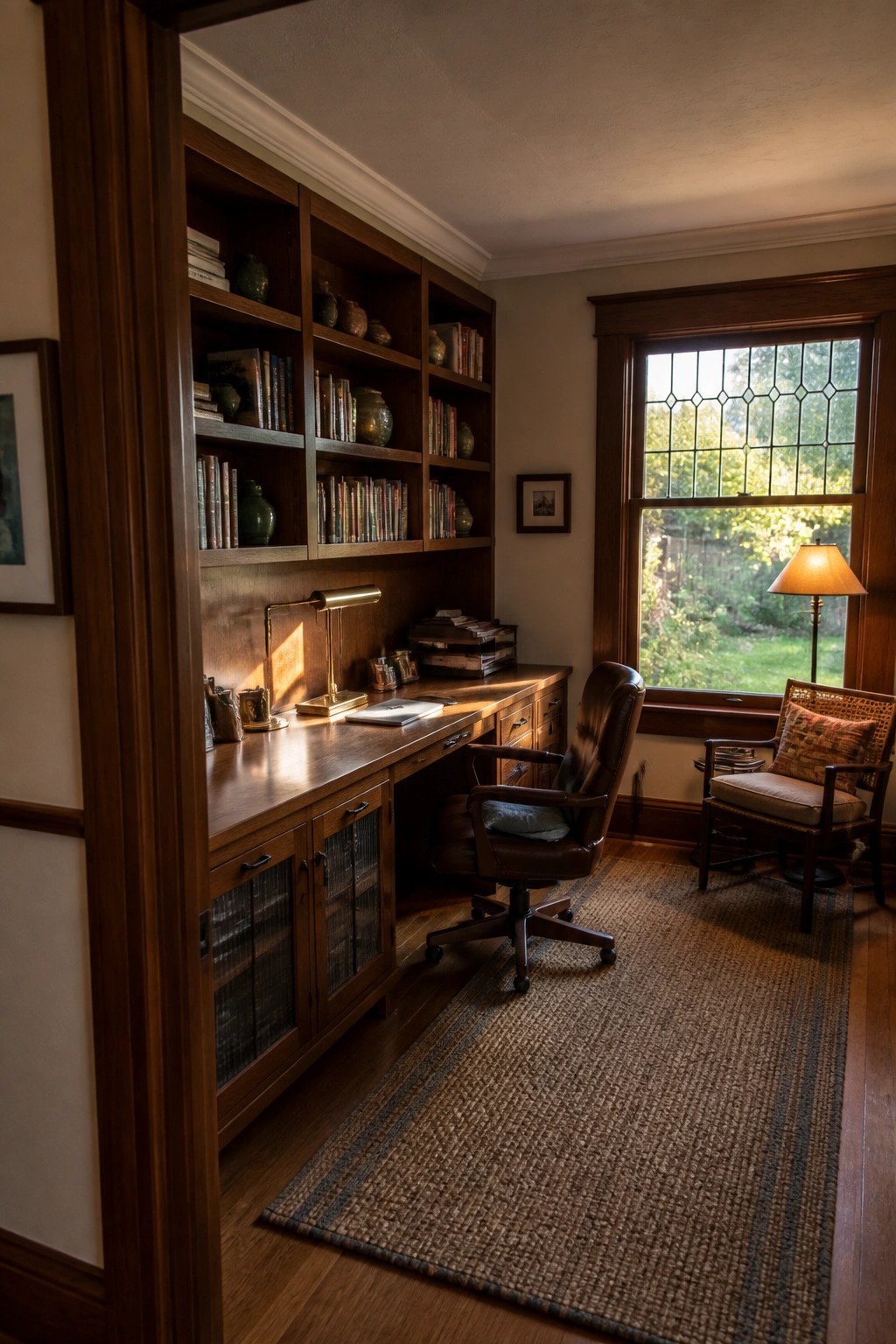 A wooden home office with built-in bookshelves above a desk, lower glass-door cabinets, a brown leather chair, and a large window with natural light.