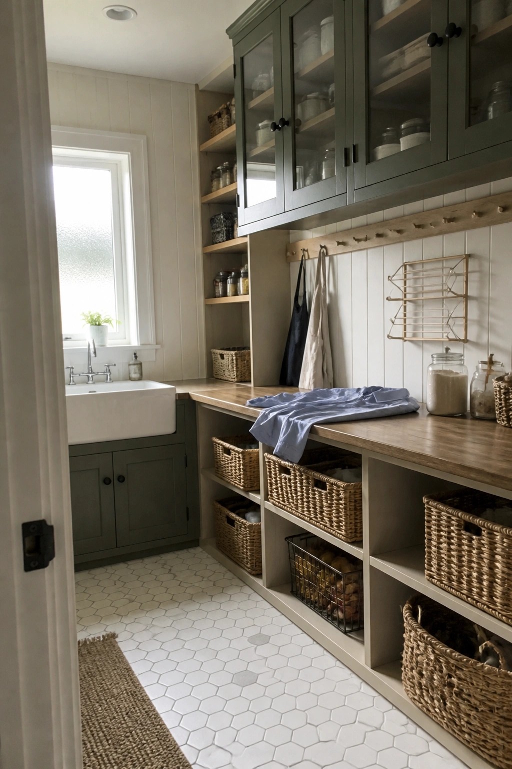 A view into a light-colored pantry with green built-in cabinets, open wood shelves holding baskets and jars, a wooden countertop, and a white farmhouse sink visible in the background.