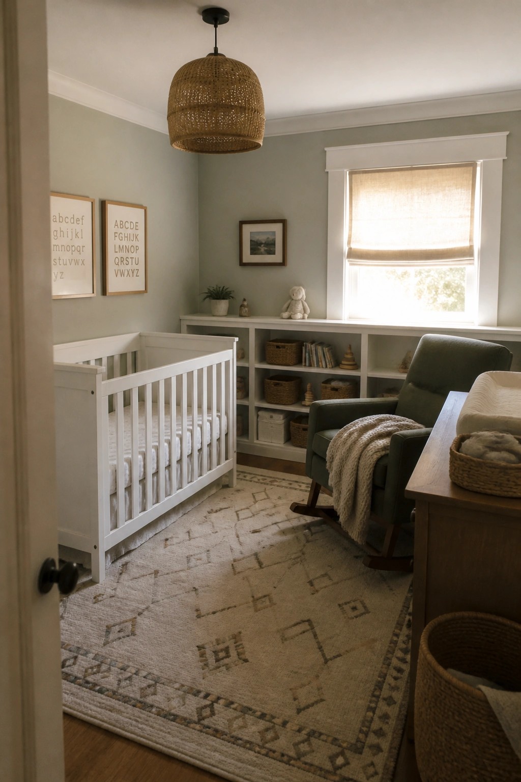 Cozy nursery with white crib, green rocking chair, woven pendant light, and patterned rug.