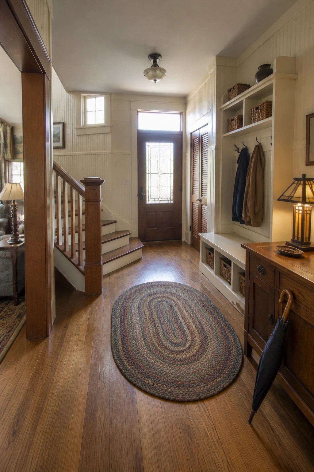 Traditional entryway with wooden staircase, oval braided rug, front door and coat hooks.
