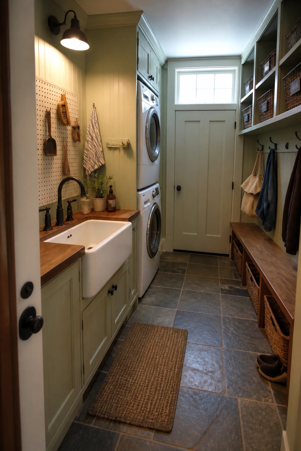A narrow laundry room featuring green cabinetry, a white farmhouse sink with wood countertops, stacked white washer and dryer, a long wooden bench with woven baskets, wall hooks, and open upper shelving holding wire baskets.