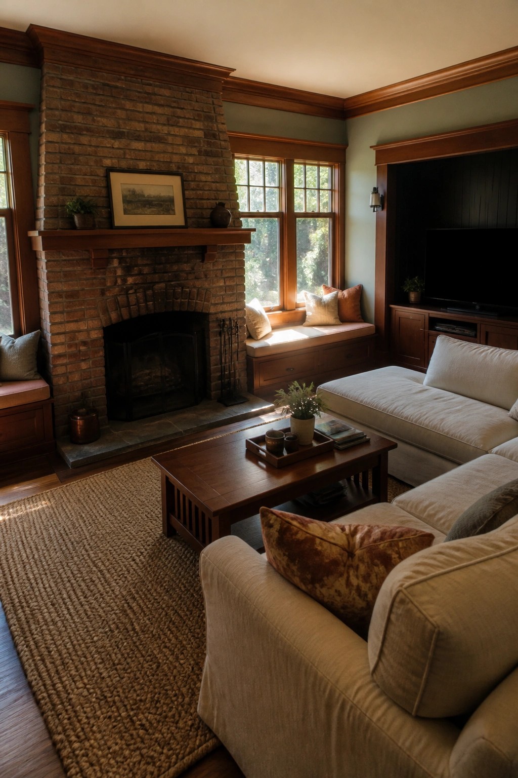 Cozy living room with brick fireplace, window seat, beige sofas, and wooden coffee table.
