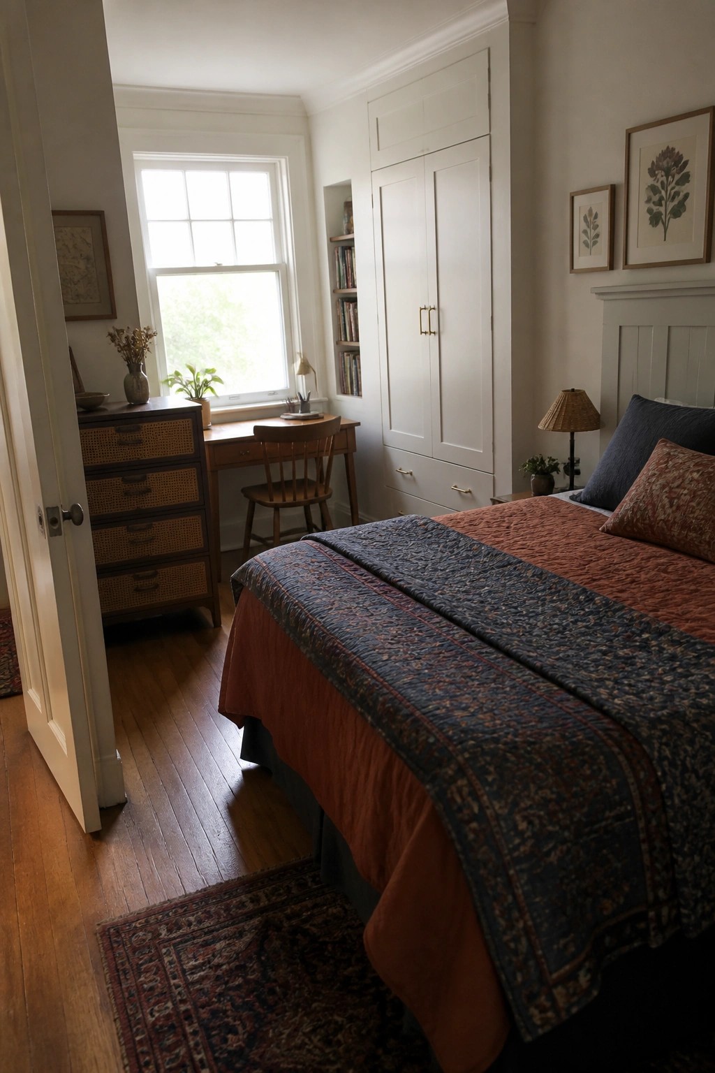 A bedroom with a bed in the foreground, white built-in cabinets and drawers along the wall, a wooden desk and chair under a window, and a dresser with woven-front drawers to the left.