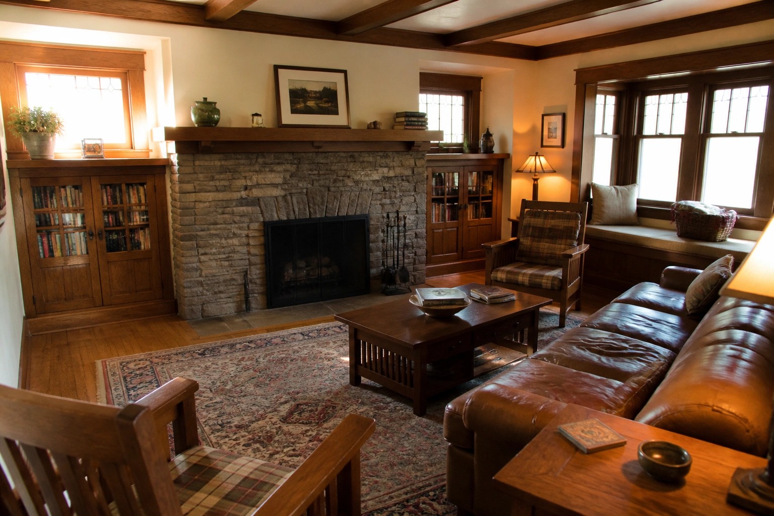Cozy living room with stone fireplace, leather sofa, plaid armchairs, and wooden bookshelves.