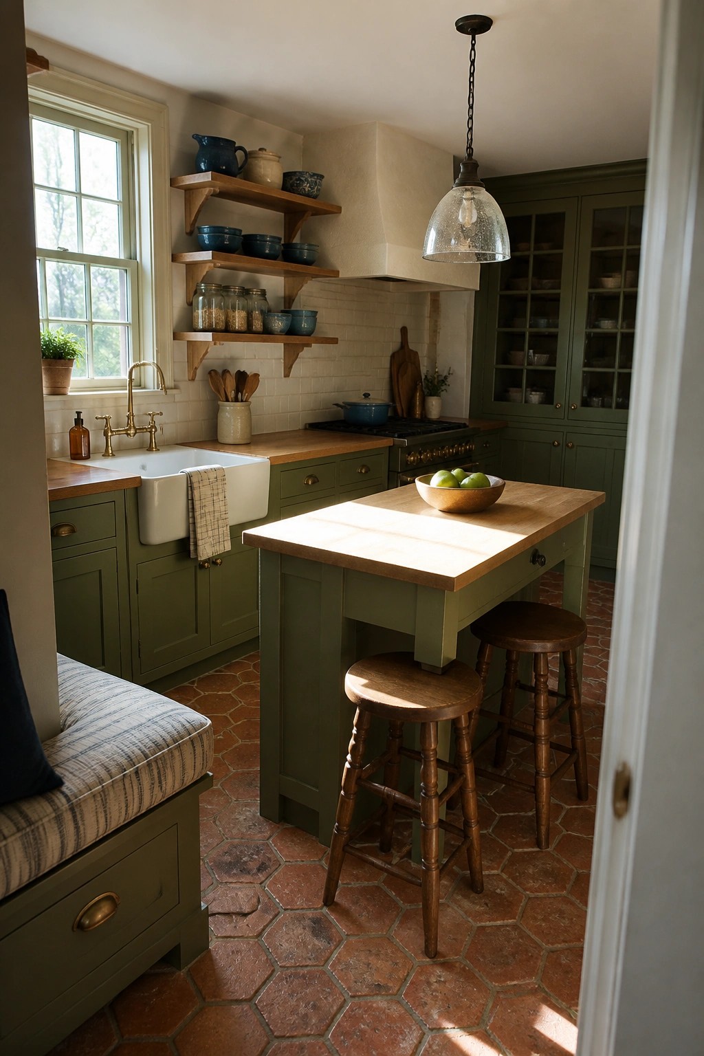 A kitchen interior with green cabinetry, a central island topped with wood, two wooden stools, open shelving, a farmhouse sink, and terracotta tile flooring.