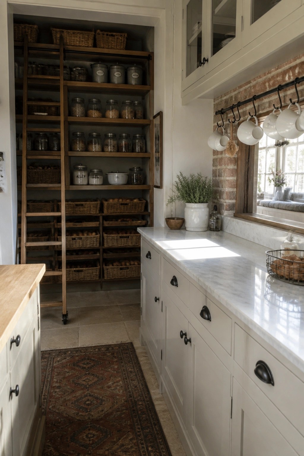 A kitchen pantry area with tall wooden open shelves stocked with glass jars and woven baskets, a rolling ladder, white lower cabinets, and a marble countertop.