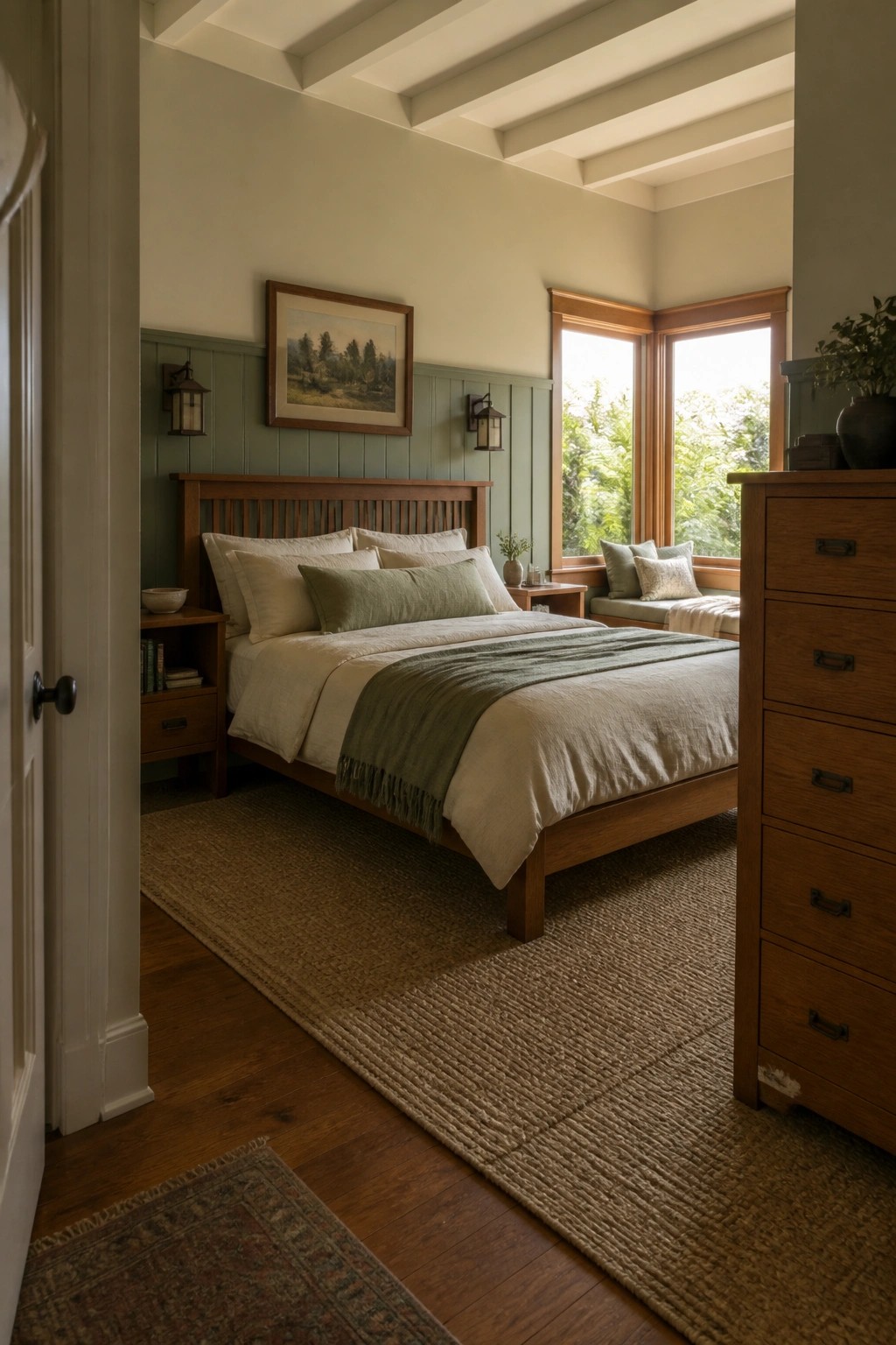 A bedroom featuring a wooden bed with neutral bedding, green wainscoting on the lower walls, wall sconces, and a window seat under large windows.