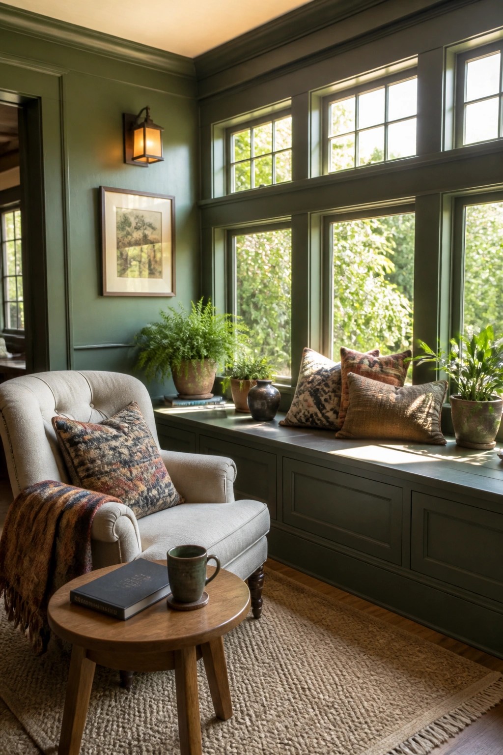 An interior room with dark green walls showing a built-in window seat with pillows, an upholstered armchair, a round wooden side table, and potted plants along the windows.