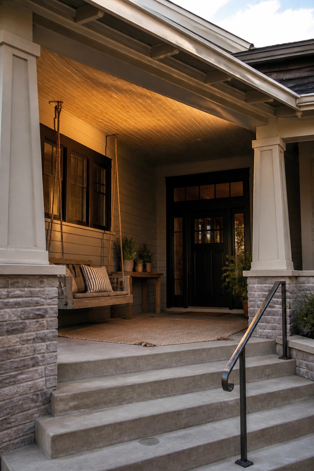 Front view of a modern craftsman home entrance with concrete steps, a covered porch, a wooden swing hanging on the left, a black door, and stone pillars.