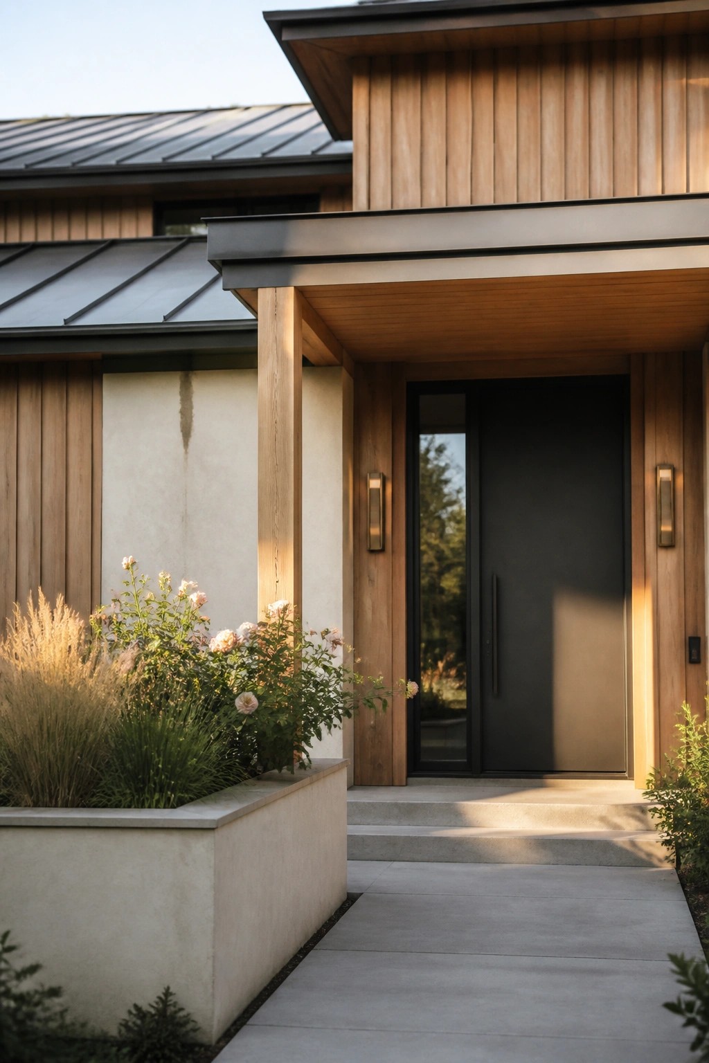 A house entrance with a dark modern door, vertical wood siding, light stucco walls, concrete steps, and a planter box with flowers and grasses.