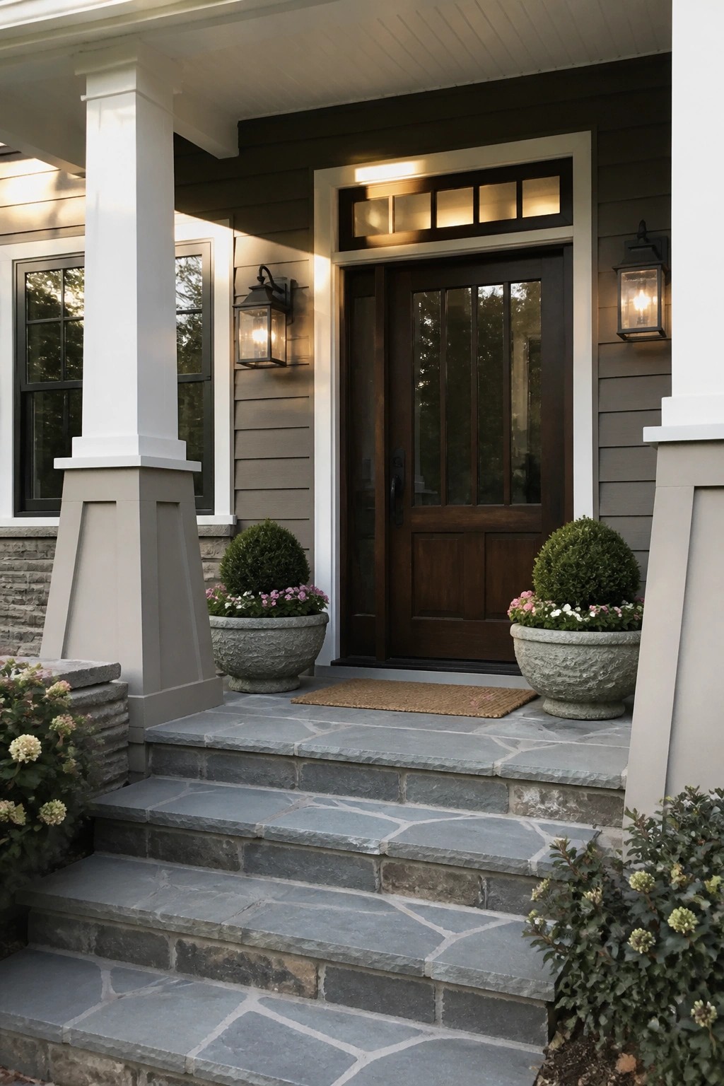 Front entrance of a house featuring a dark brown wooden door with glass panels, white trim, gray siding, two wall lanterns, stone steps, and two large planters with shrubs on the porch.