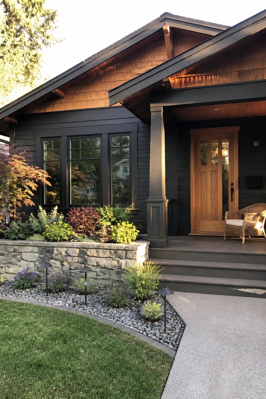 Dark gray modern home with wooden door, porch, stone wall, and lush garden.