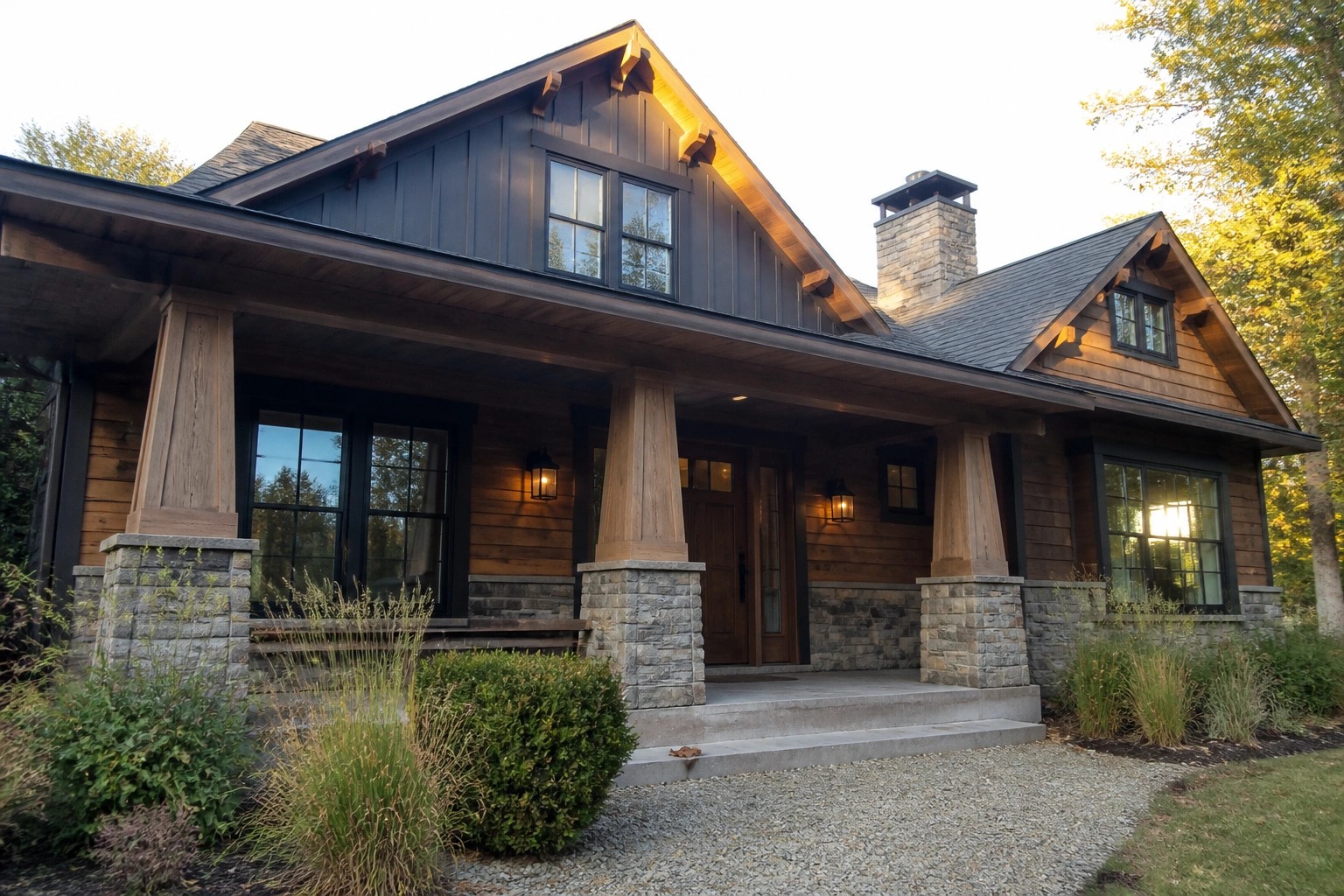 Modern two-story house with dark siding, wooden porch, stone pillars, and steps.