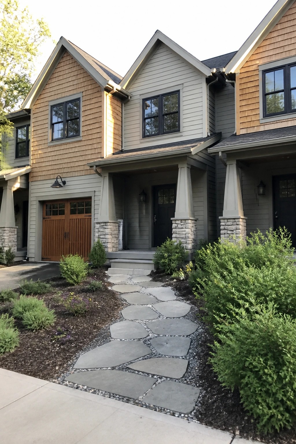 Front view of a modern Craftsman-style house with gabled roof sections in tan wood shake and gray horizontal siding, a covered porch with stone-based columns, a dark front door, and a stone pathway through landscaping.