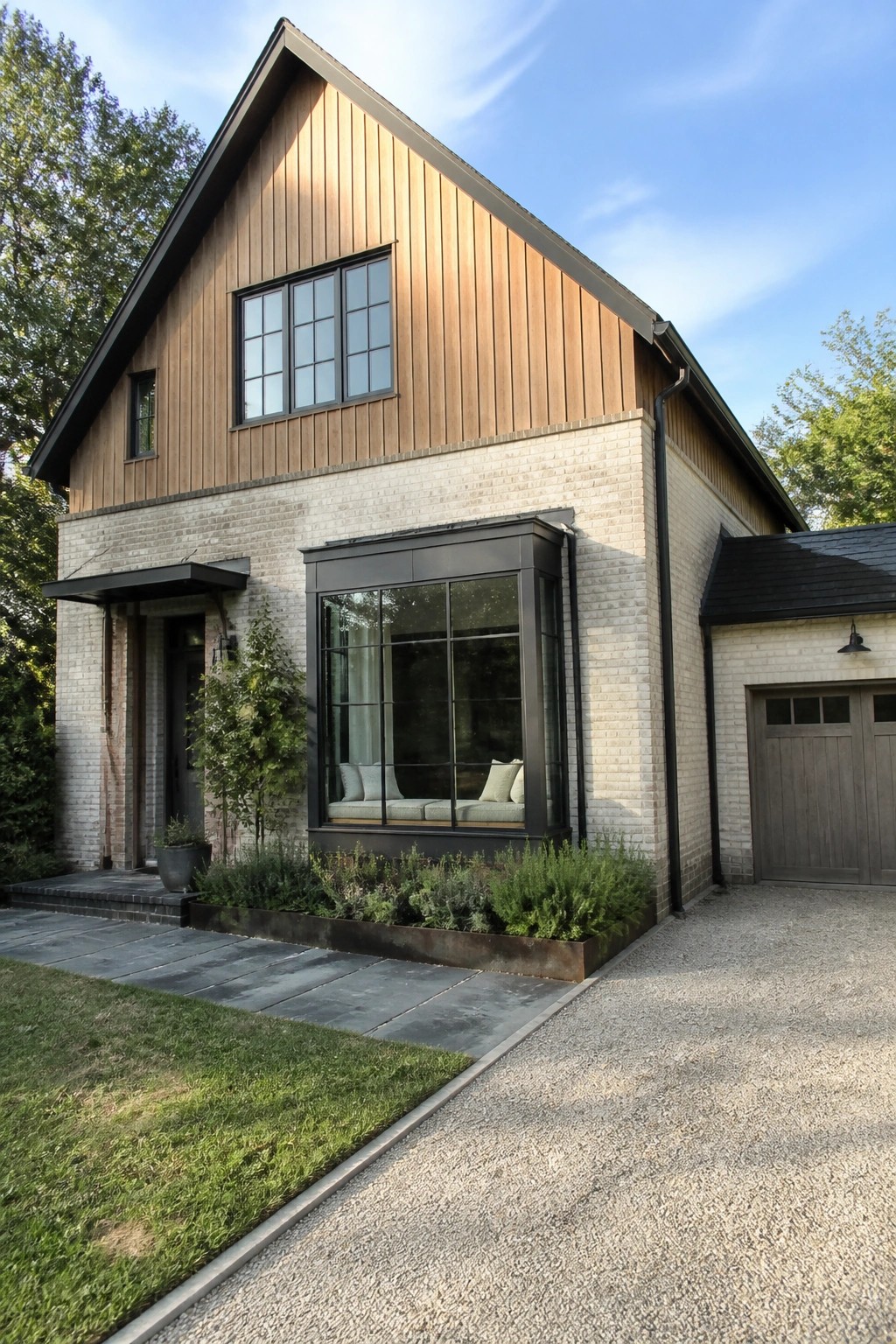 A two-story modern Craftsman home with light brick on the lower level and vertical wood siding on the upper gable, including a large black-framed window with a built-in seat.