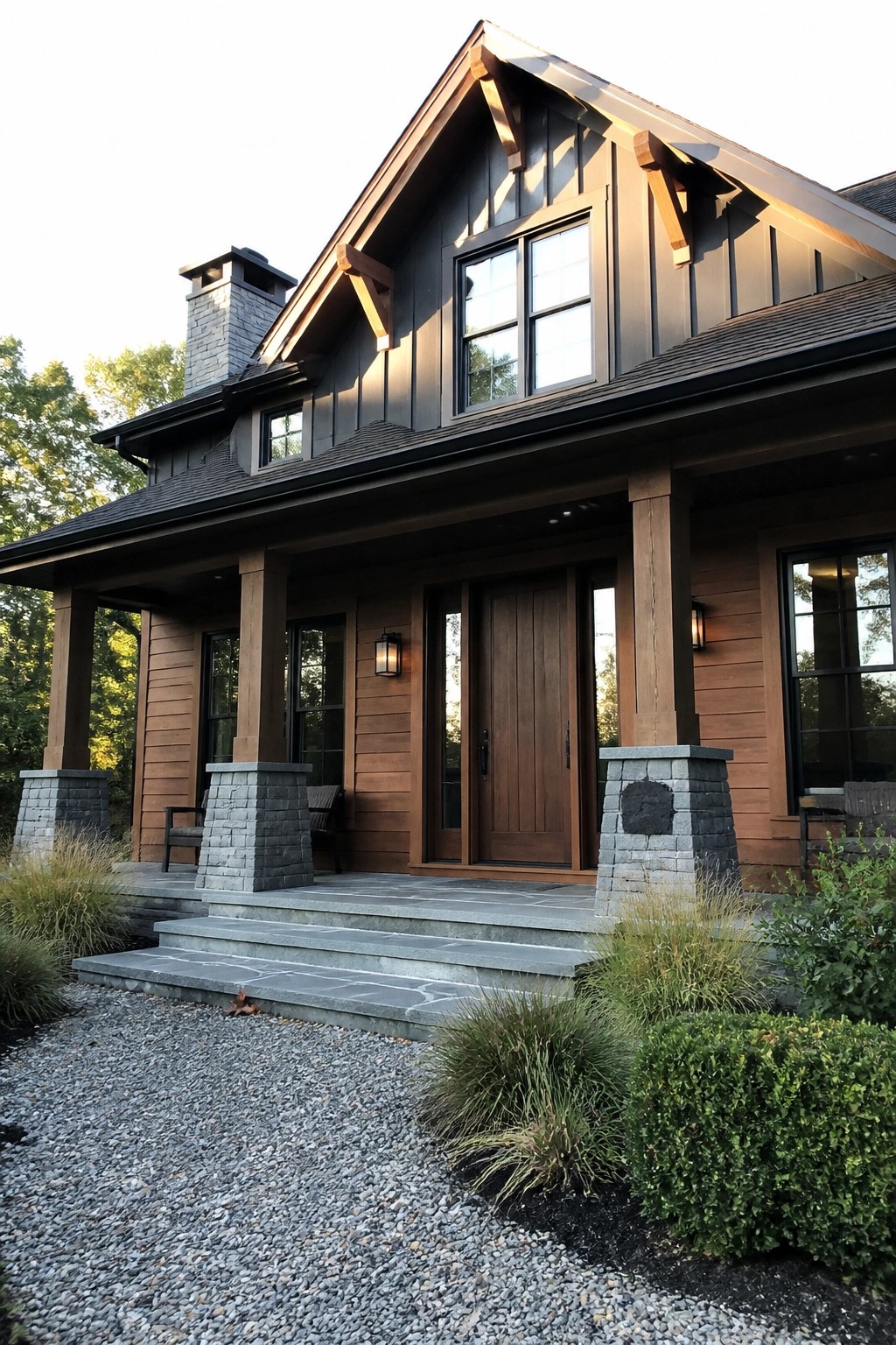 Modern two-story house with dark siding, wooden porch, stone pillars, and steps.