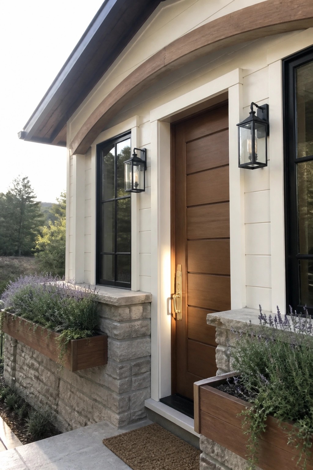 Front entry of a modern Craftsman house showing a brown wood door, black wall lanterns, a stone foundation with attached wood planters, and a window to the left of the door.