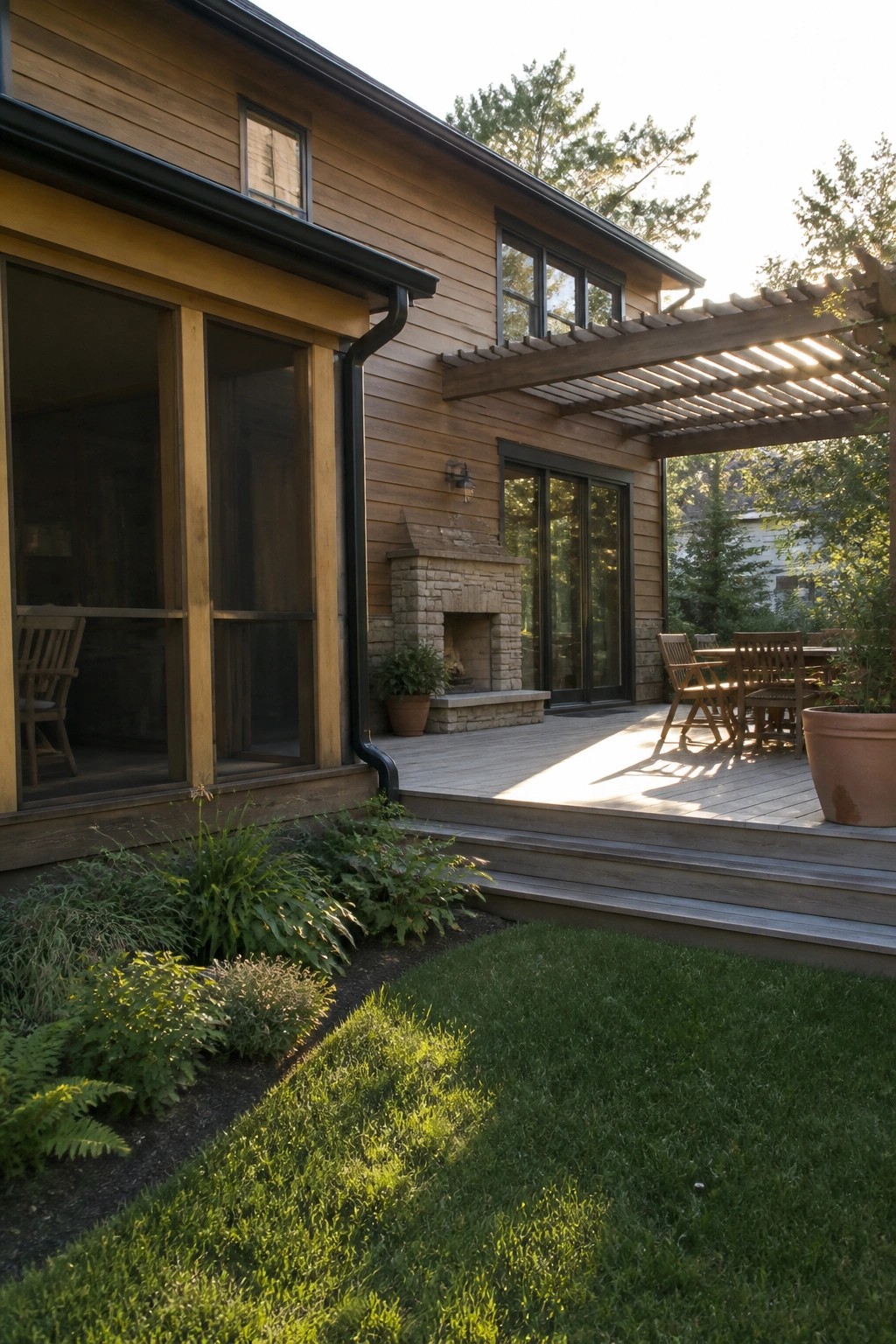 Modern craftsman home exterior showing a wooden deck with pergola overhead, dining table and chairs, stone fireplace, and adjacent lawn with plantings.