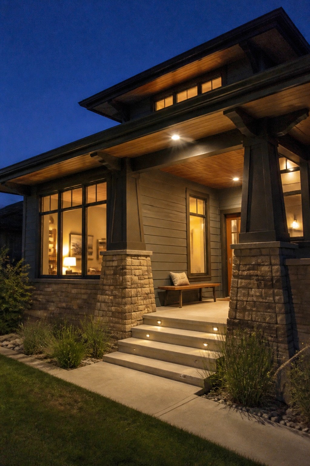 Modern craftsman home porch at night with stone pillars, lit steps, and bench