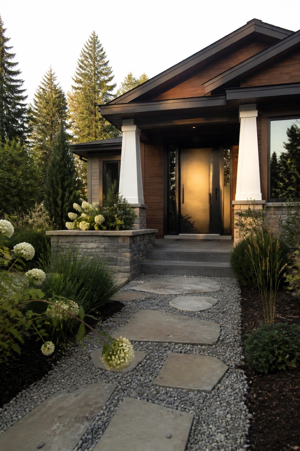 A modern craftsman house exterior with white columns framing the front entry, wood siding, a gravel path of stepping stones, and stone planters with greenery.