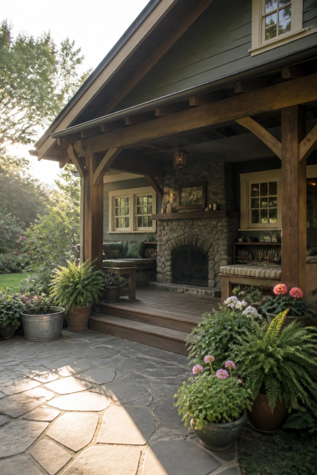 A covered wooden porch on a Craftsman bungalow with a large stone fireplace, built-in seating, and potted plants on the adjacent stone patio.