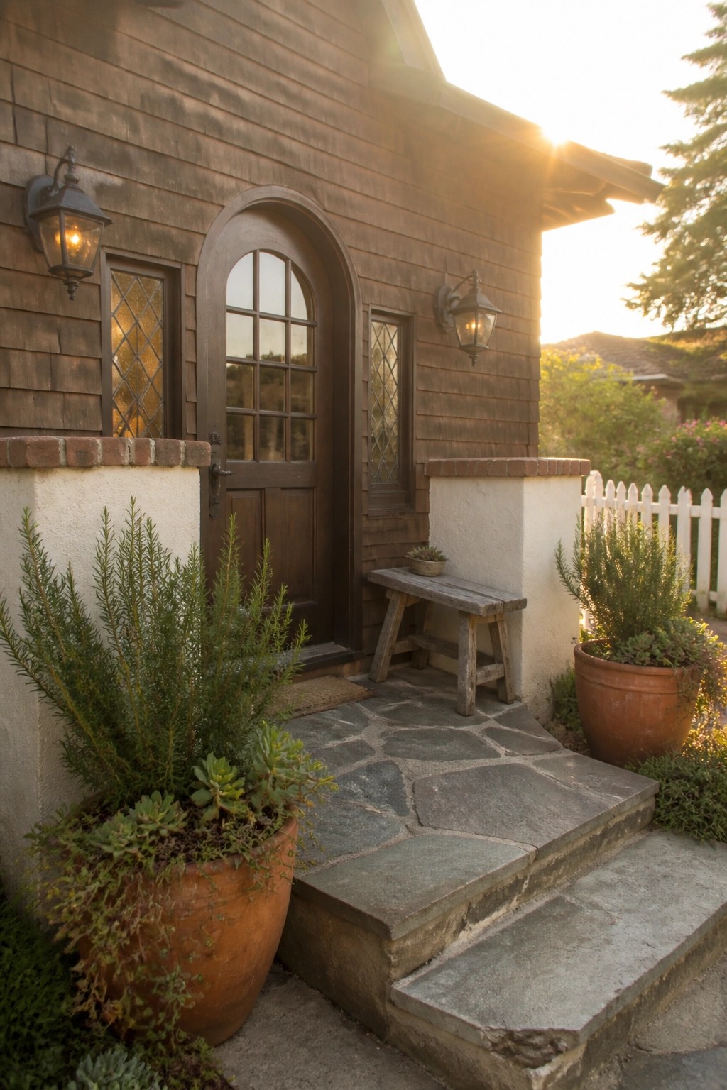 A Craftsman bungalow front entrance featuring a dark arched wooden door with sidelights, two wall lanterns, stone steps, and large terracotta pots with plants.