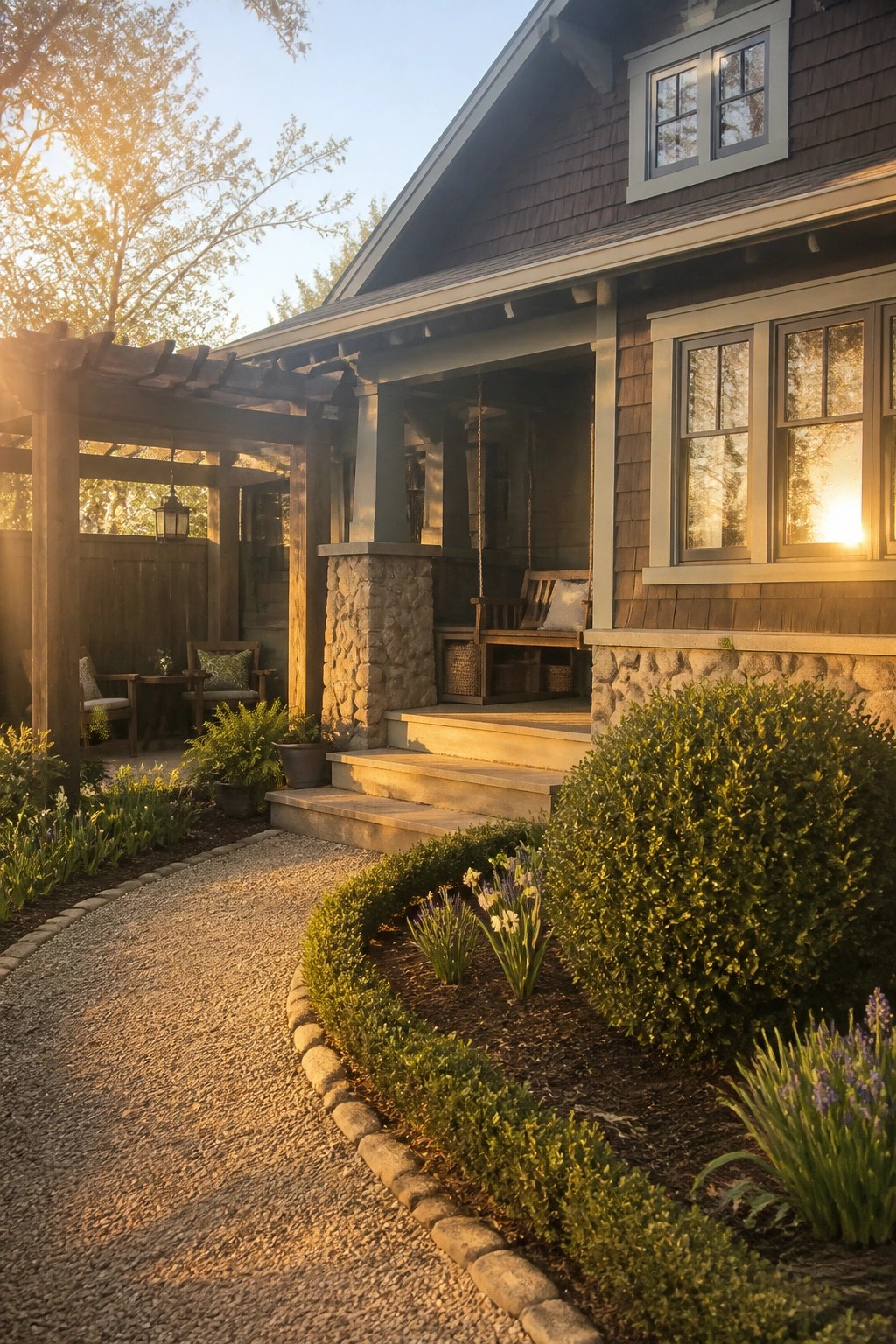 Rustic wooden house with porch swing, gravel path, and blooming garden at sunset