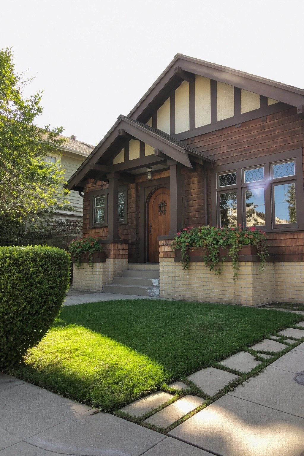 Brown wooden craftsman bungalow with flower boxes, green lawn, and stone path.